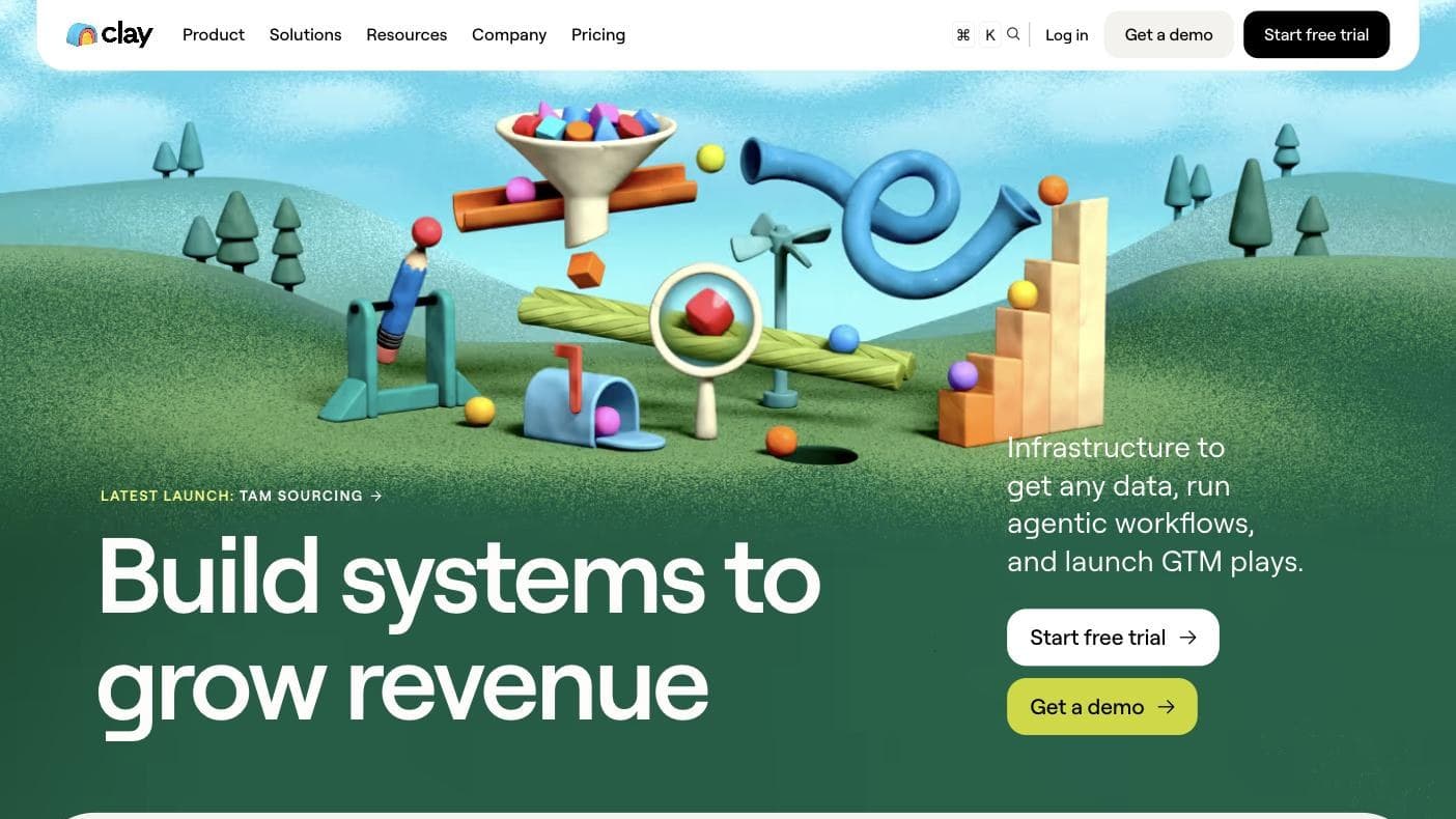 The Clay landing page: a claymation landscape of funnels, charts and mailboxes above the headline “Build systems to grow revenue” and the line “Infrastructure to get any data, run agentic workflows, and launch GTM plays.”
