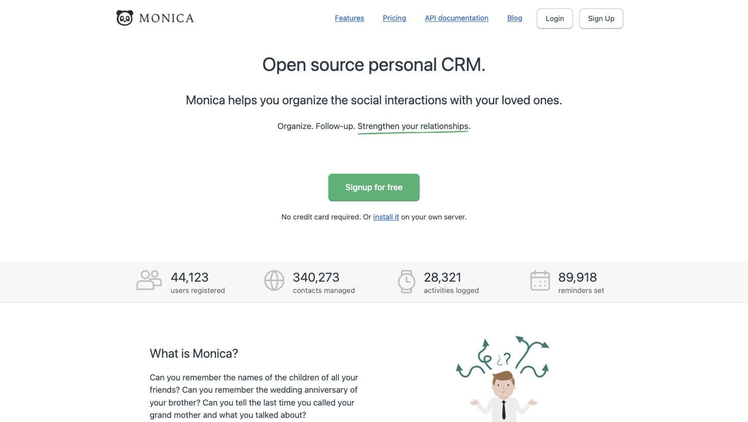 The Monica landing page: the headline “Open source personal CRM.” above a row of usage counts and the start of a “What is Monica?” explainer.