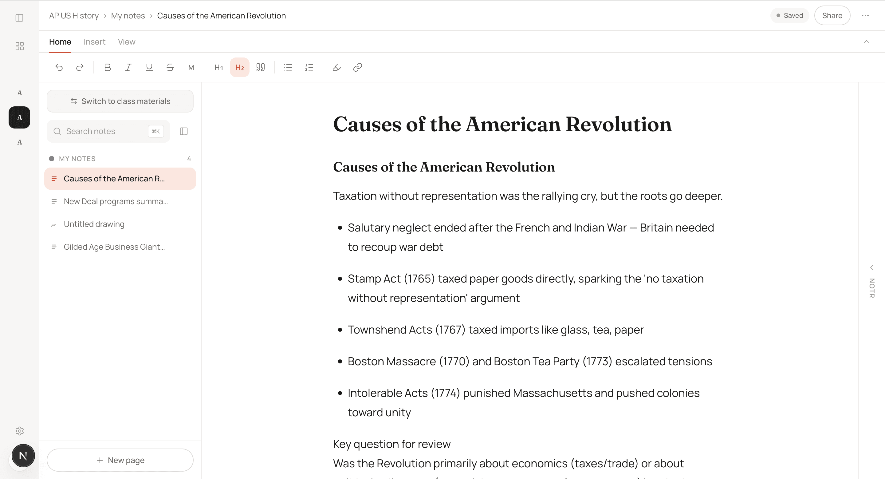 Notebox notebook showing AP US History notes on the Causes of the American Revolution