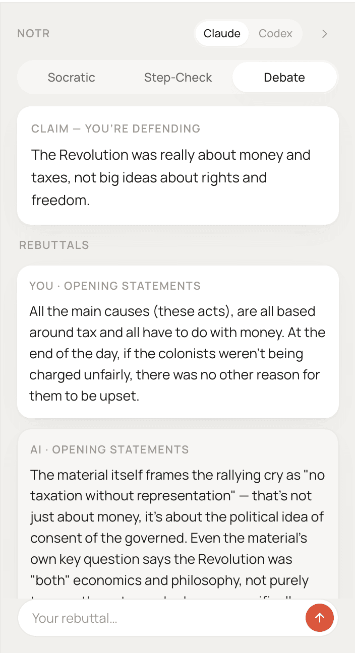 NOTR sidebar in Debate mode, showing a student defending a claim about the American Revolution