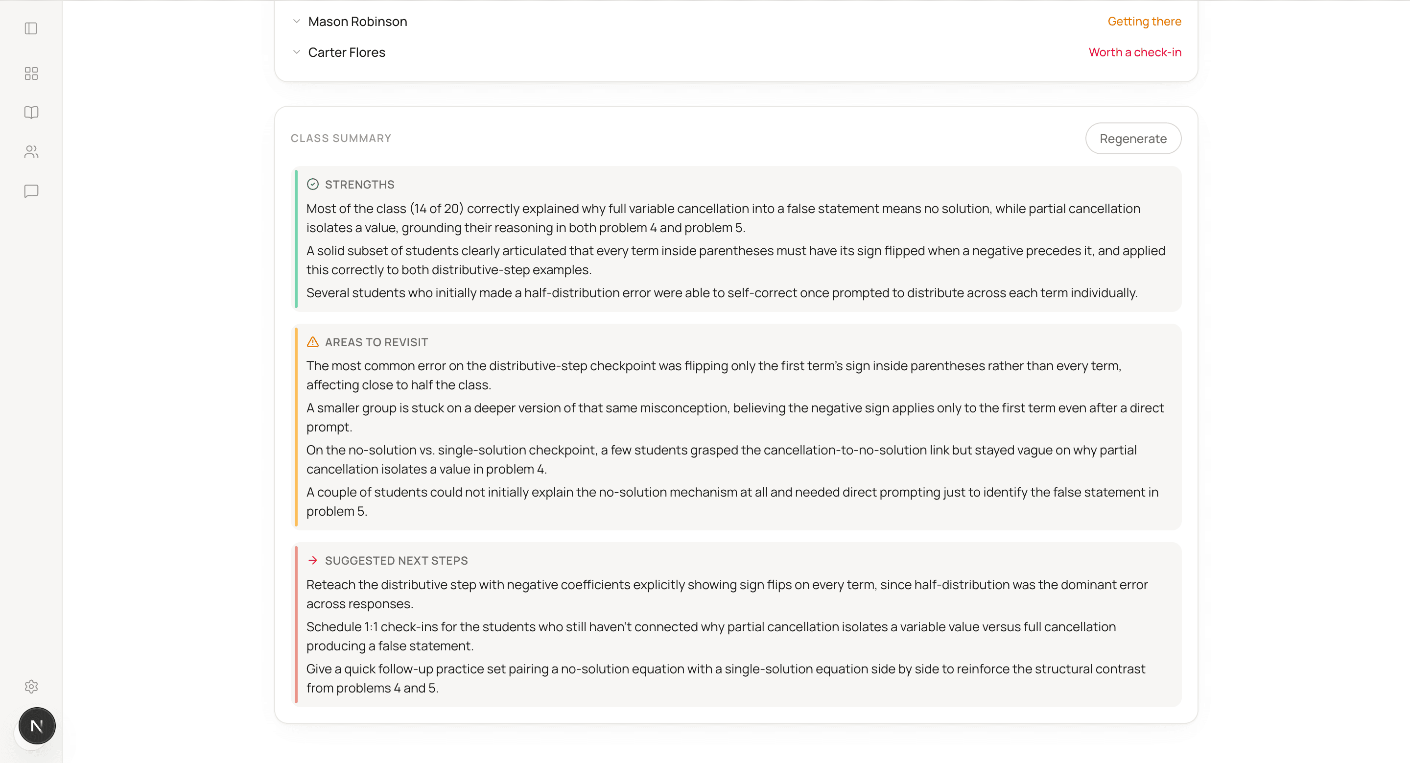 Teacher view showing class summary with strengths, areas to revisit, and suggested next steps