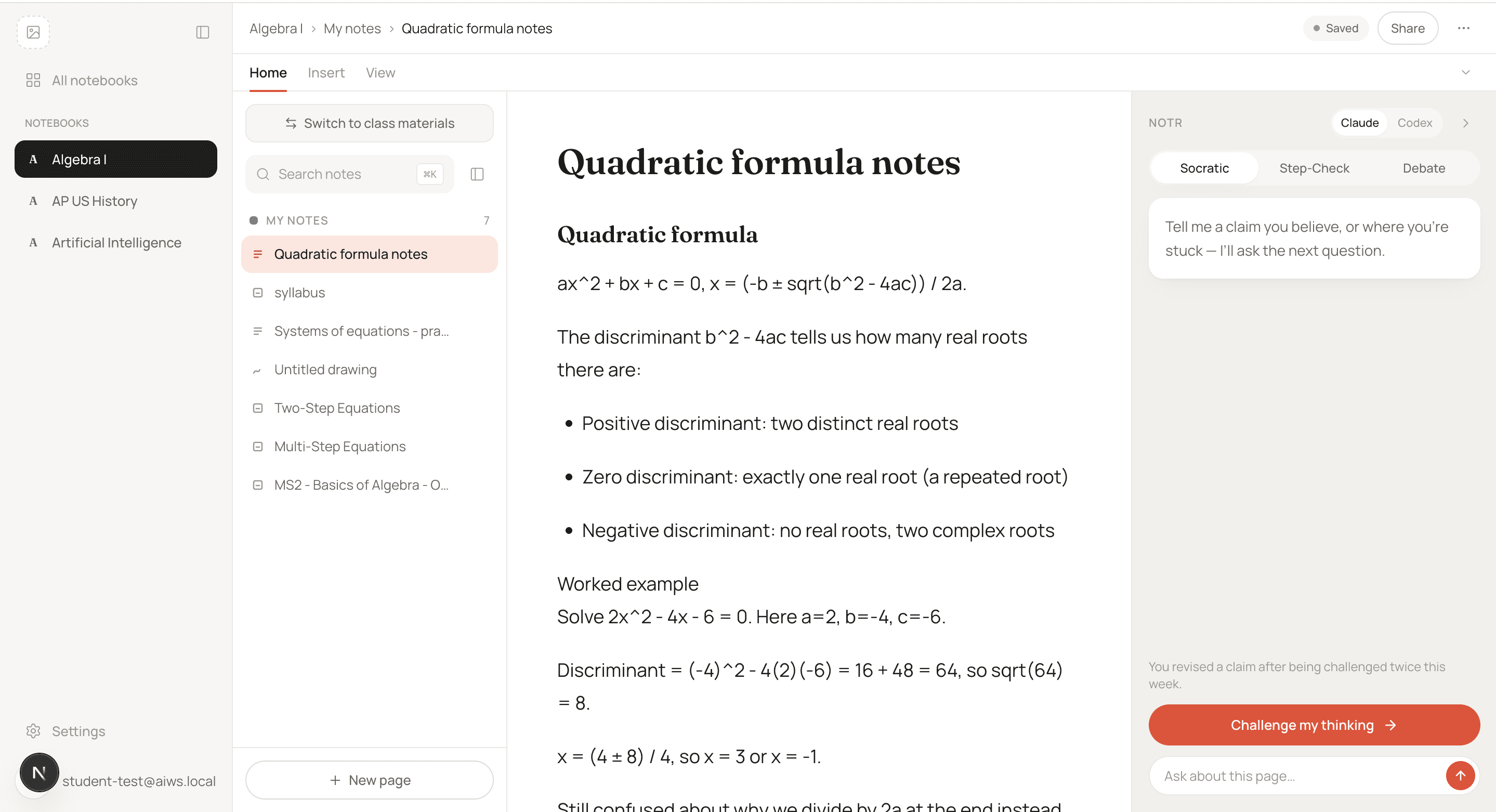 Notebox product screenshot showing the AI sidebar alongside student notes